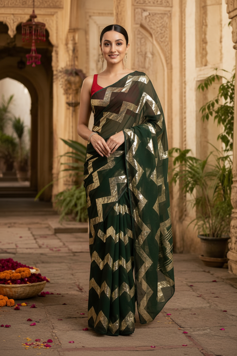Georgette zig zag printed saree with unstitched blouse(green)