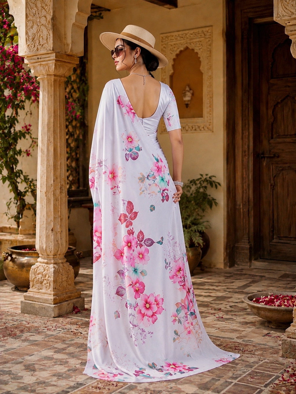 Soft Georgette Satin Printed Saree With Unstitched Blouse(White)
