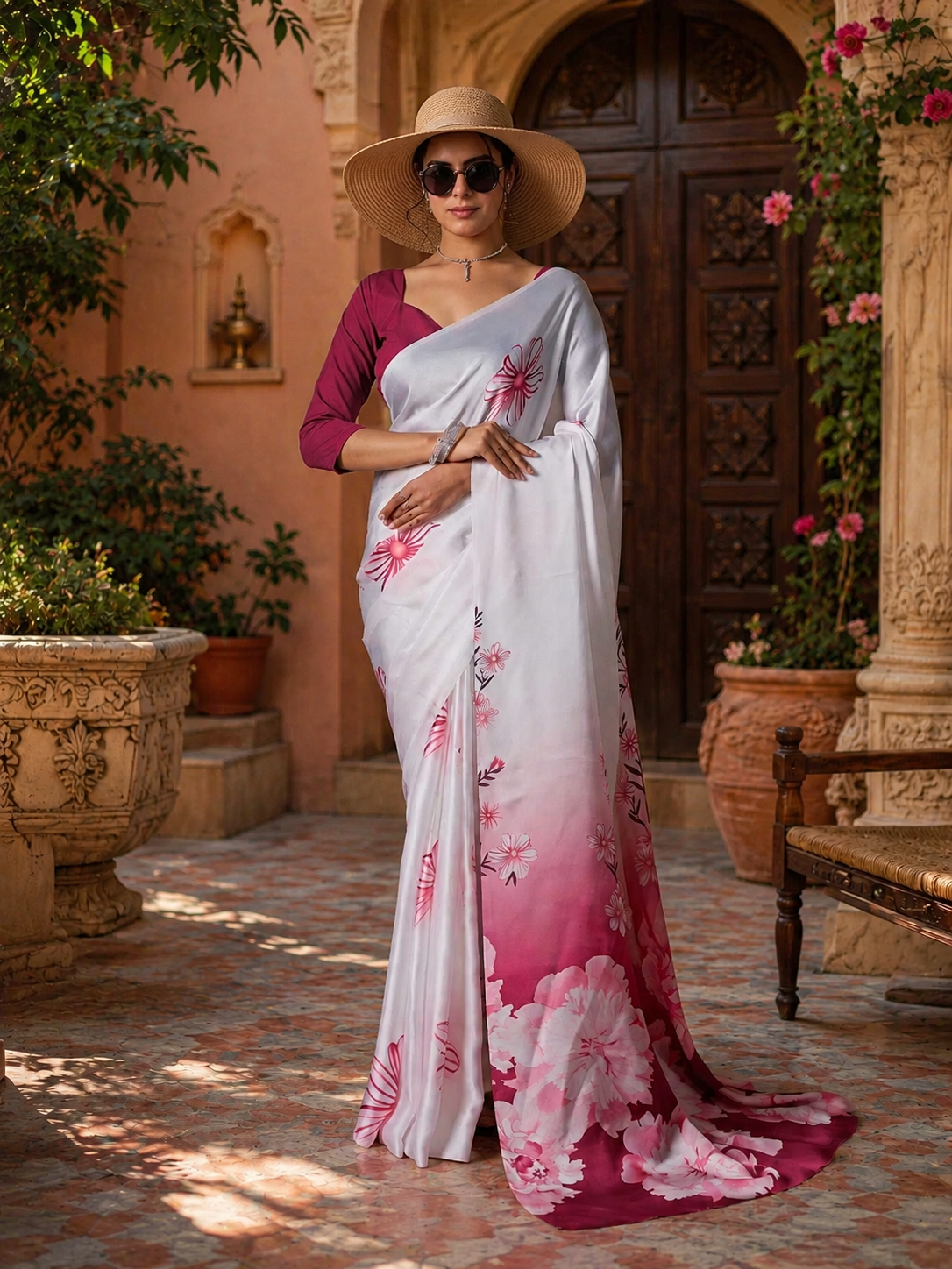Georgette Satin Printed Saree With Unstitched Blouse(White)