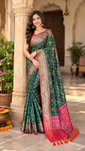 Premium Soft Silk Rangeen Patola Meenakari Rich Pallu Tassels Saree With Unstitched Blouse (Green)