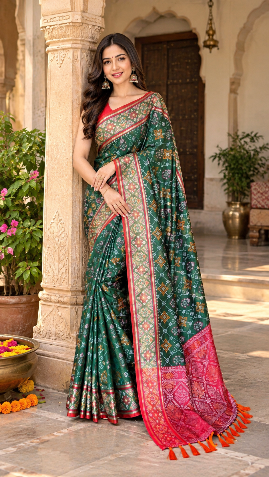 Premium Soft Silk Rangeen Patola Meenakari Rich Pallu Tassels Saree With Unstitched Blouse (Green)