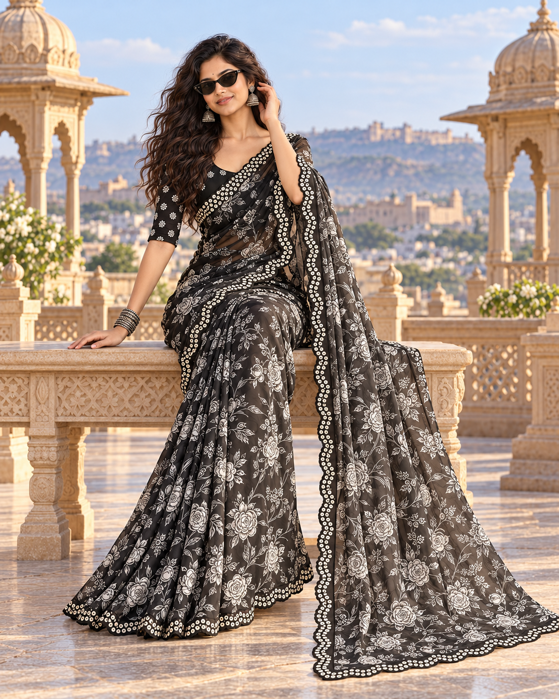 Premium Georgette Floral Digital Print Saree With Unstitched Blouse(Black)
