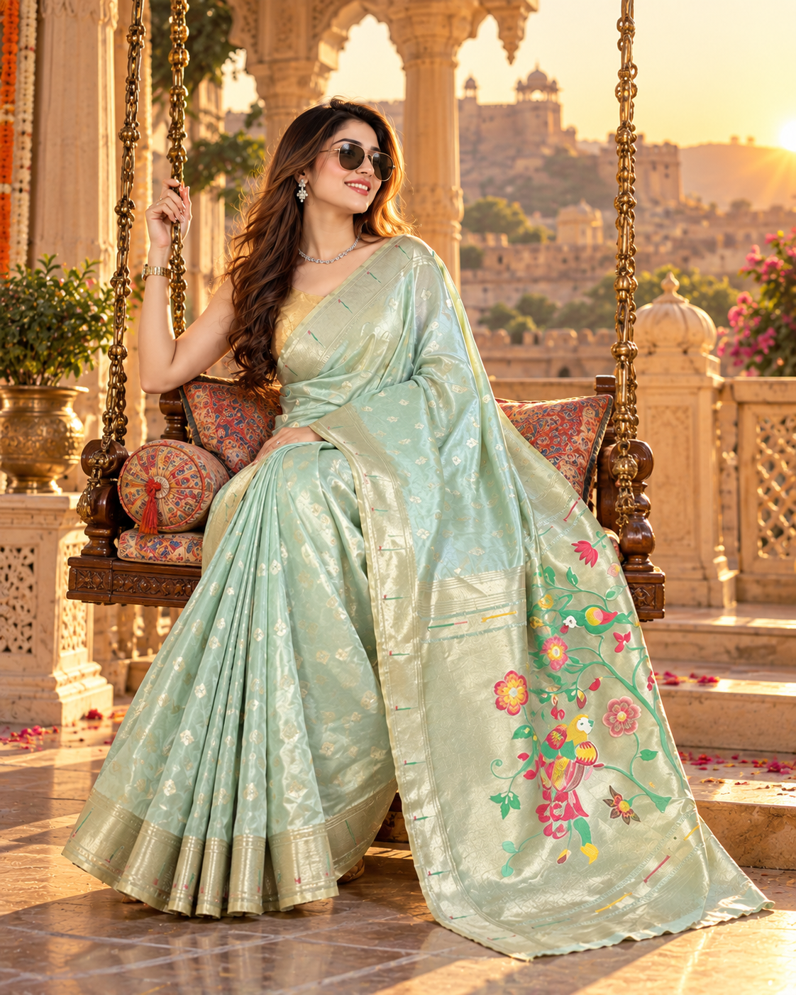 Premium Paithani Silk Butti Jari Work Pallu Saree With Unstitched Blouse (Mint Green)