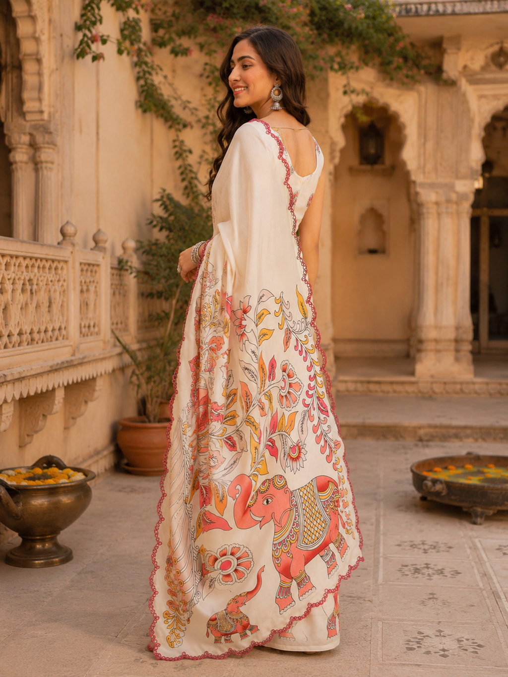 Manipuri Silk Kalamkari Print Saree With Unstitched Blouse(White)