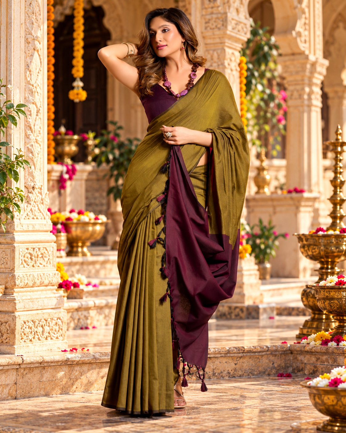 Mulmul Cotton Saree With Unstitched Blouse(Mehendi)