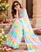 Chiffon Silk Digital Print Saree with Unstitched Blouse(Blue)