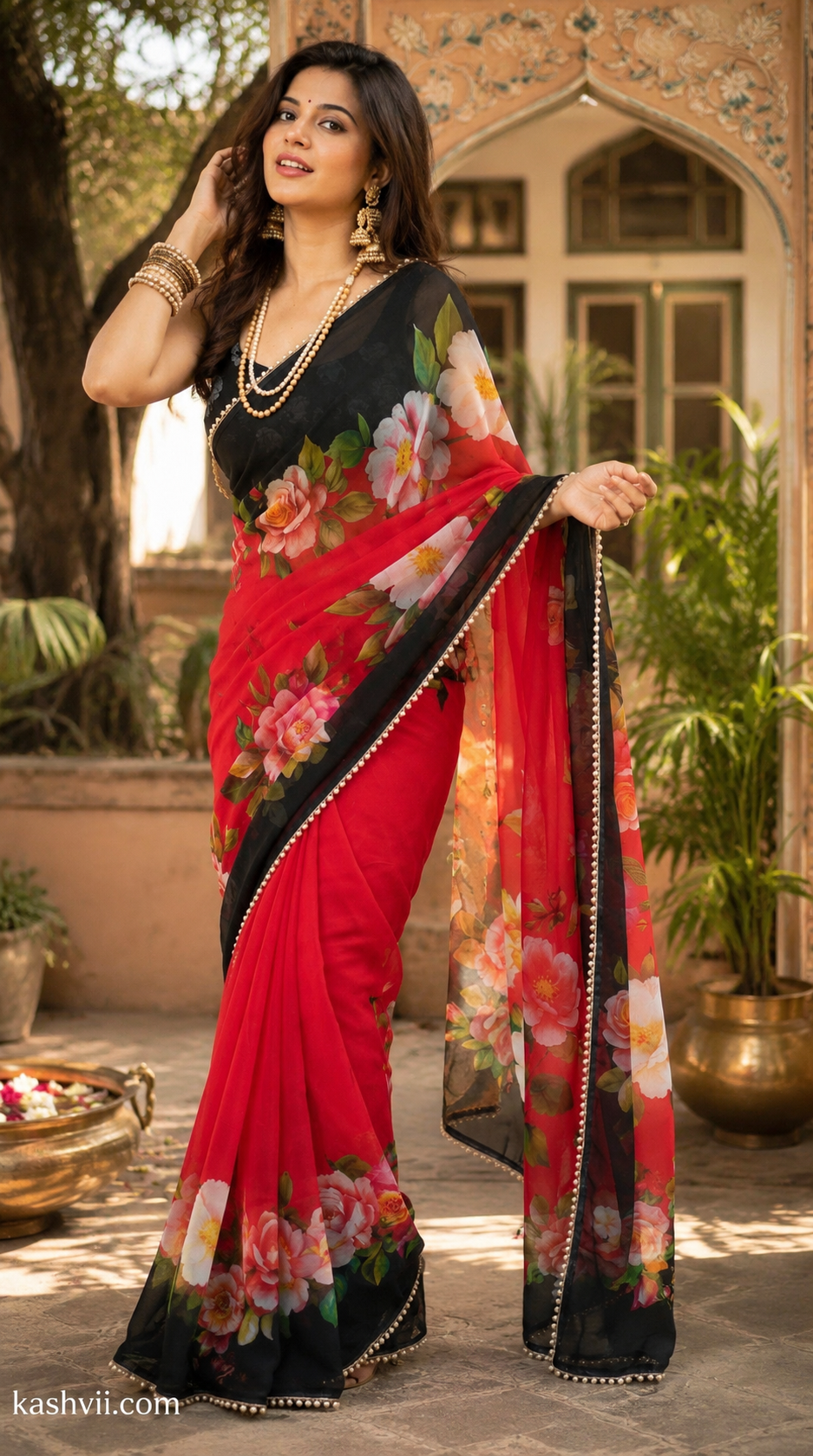 Soft Georgette Digital Print Saree With Unstitched Blouse(Red)