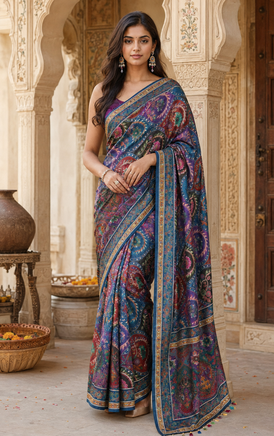 Modal Crepe Silk Mirror Work Saree With Unstitched Blouse(Blue)