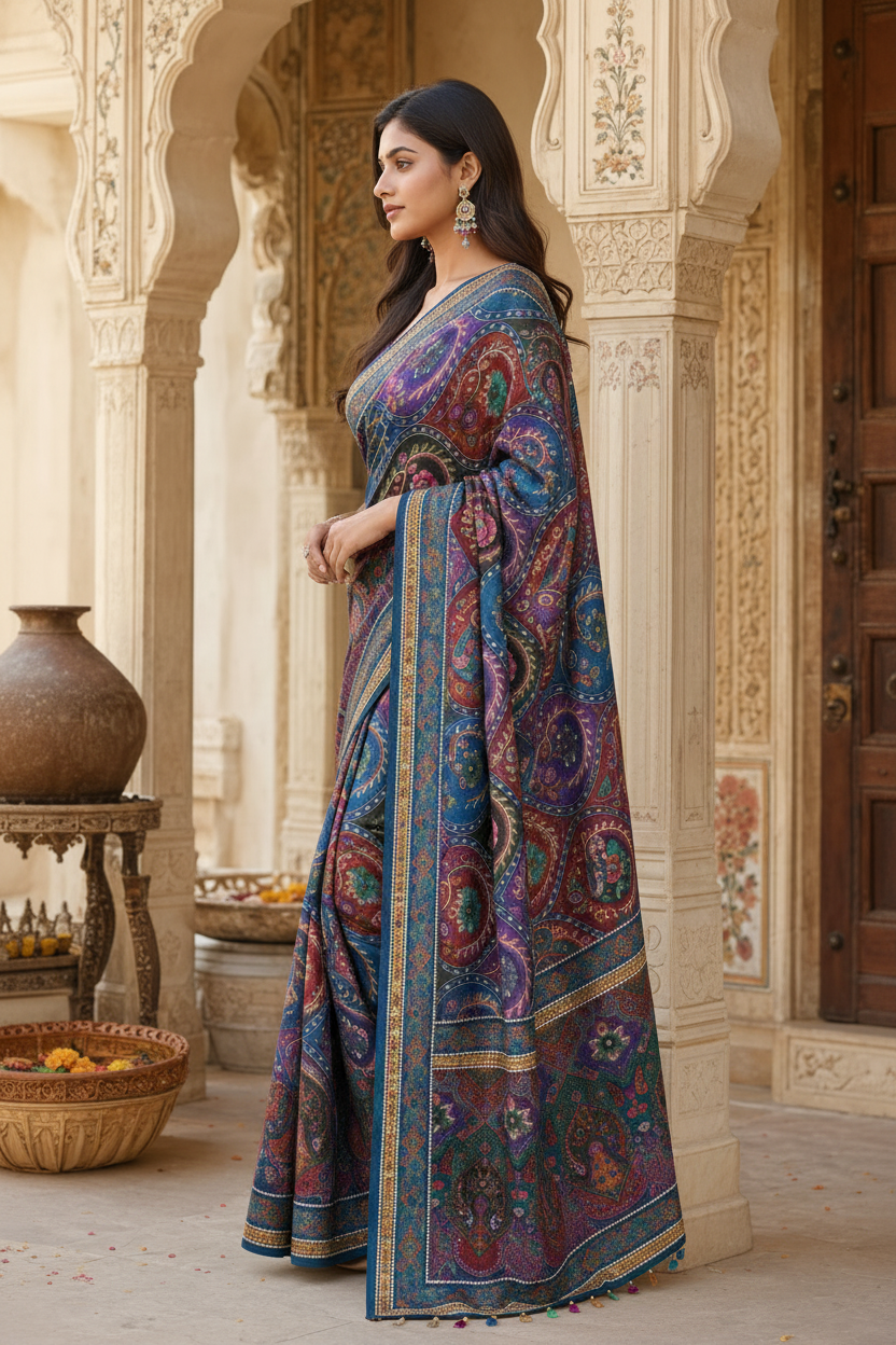 Modal Crepe Silk Mirror Work Saree With Unstitched Blouse(Blue)