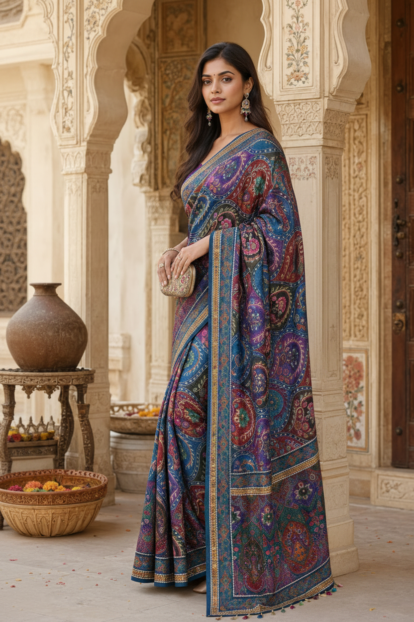 Modal Crepe Silk Mirror Work Saree With Unstitched Blouse(Blue)