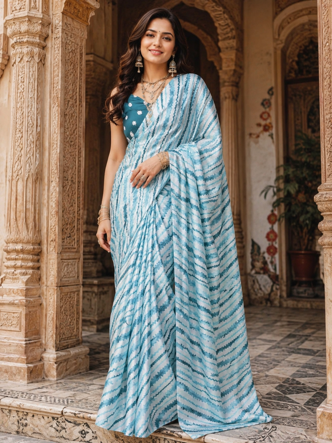 Modern Satin Silk Printed Saree With Unstitched Blouse(Blue)