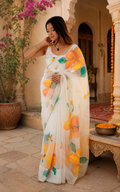 Organza Silk Ready To Wear Saree With Unstitched Blouse(White)