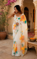 Organza Silk Ready To Wear Saree With Unstitched Blouse(White)