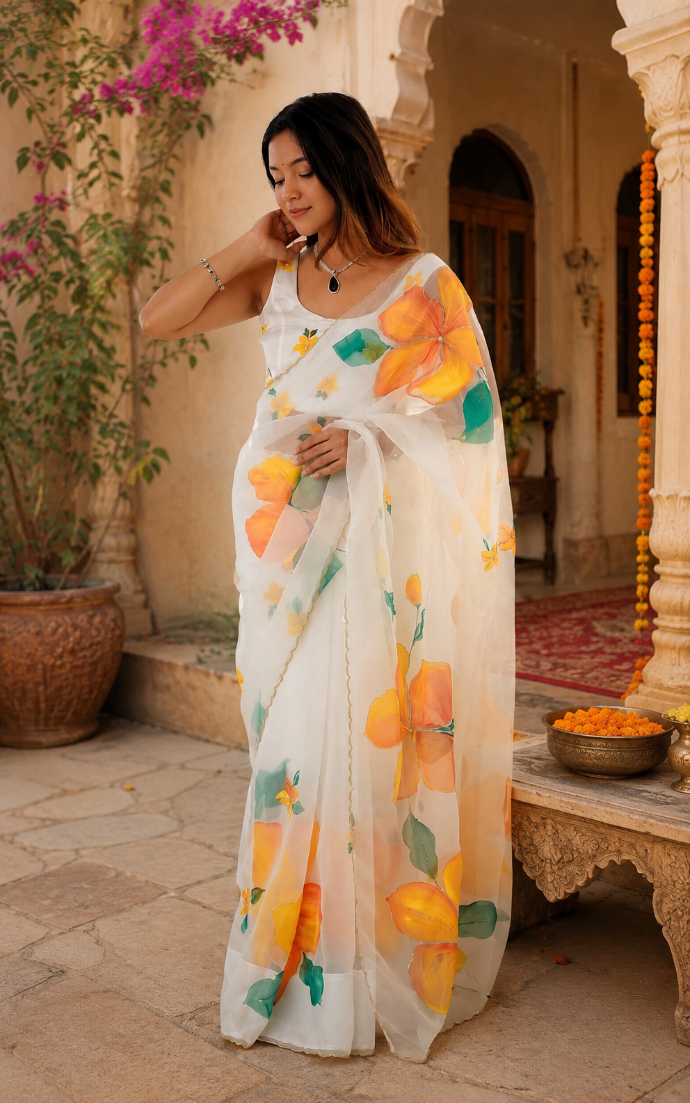 Organza Silk Ready To Wear Saree With Unstitched Blouse(White)