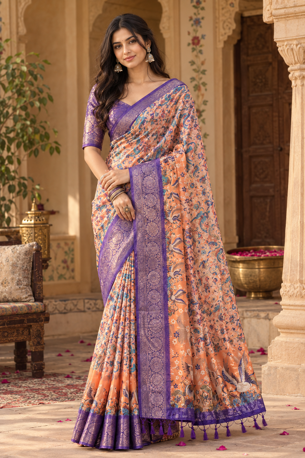 Soft Litchi Silk Digital Print Saree With Unstitched Blouse(Peach)