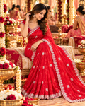 Pure Space Silk Embroidery Work Saree With Unstitched Blouse(Red)