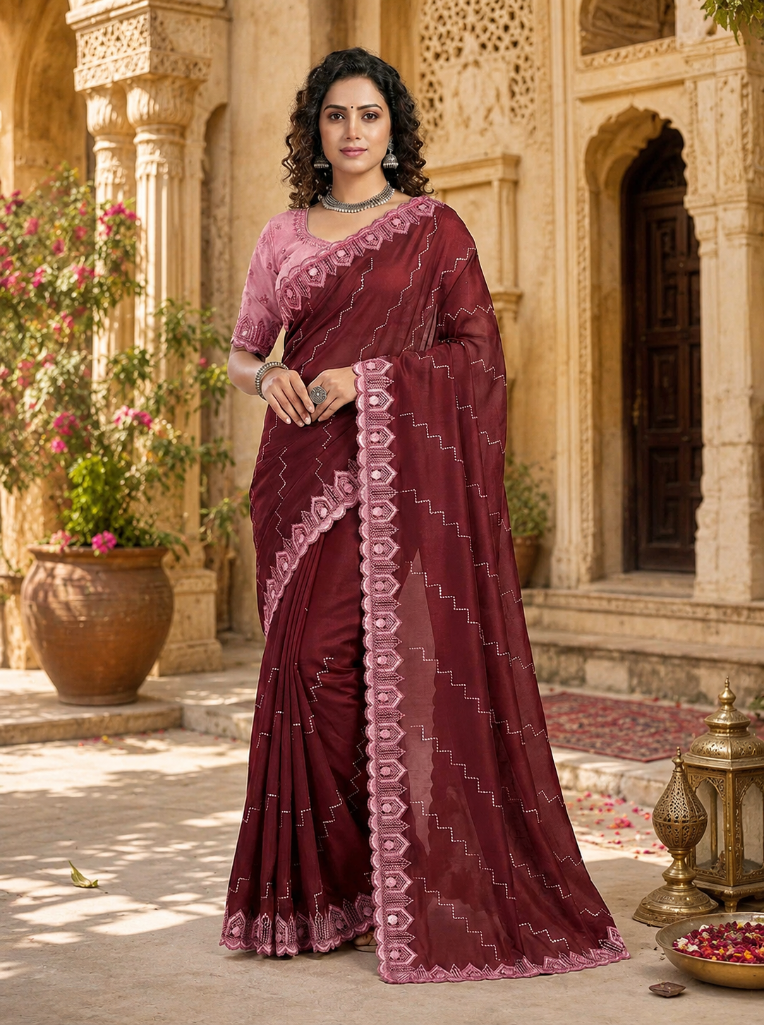 Organza Silk Saree With Unstitched Blouse(Maroon)