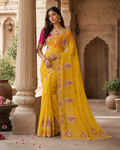 Premium Georgette Embroidery Work Saree With Unstitched Blouse(Yellow)