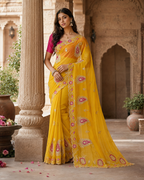 Premium Georgette Embroidery Work Saree With Unstitched Blouse(Yellow)