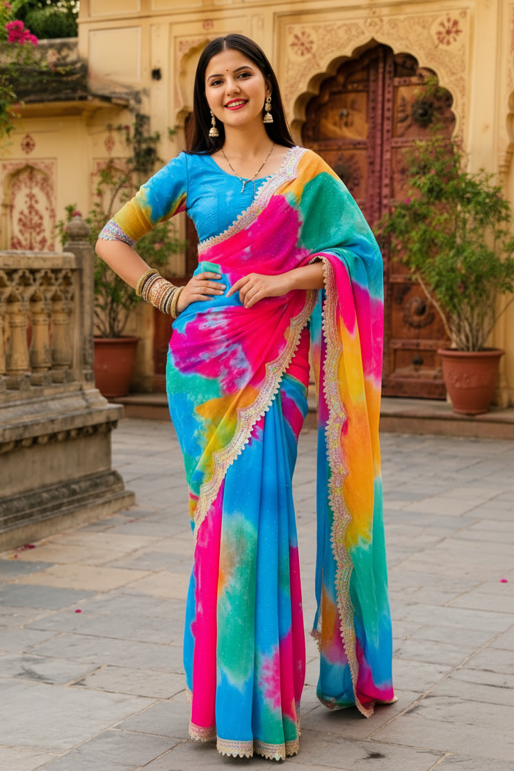 Georgette Saree With Unstitched Blouse(Multicolor)