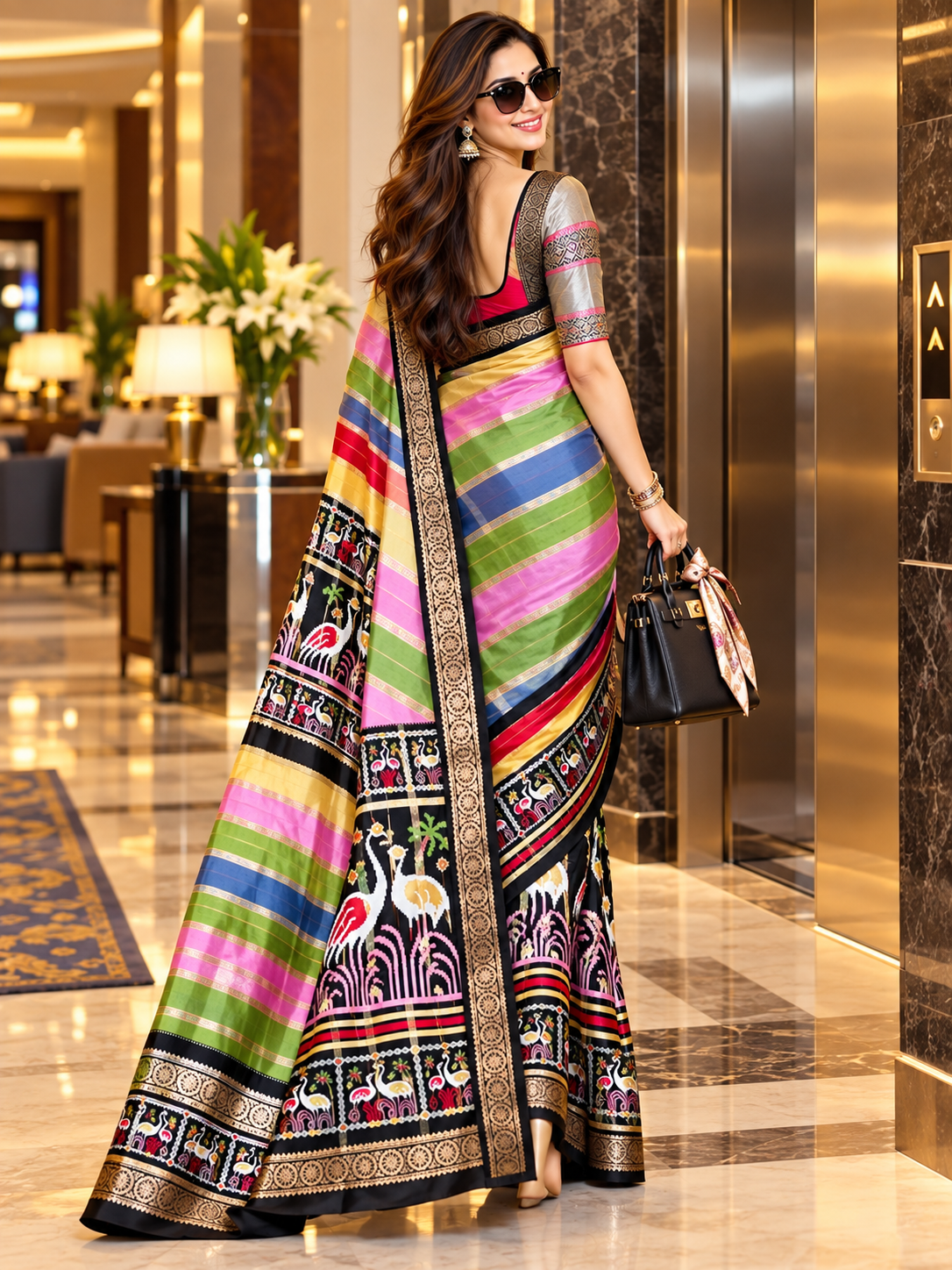 Premium Dola Silk Multicolored Stripes Weaving Border Saree With Unstitched Blouse (Multicolour)