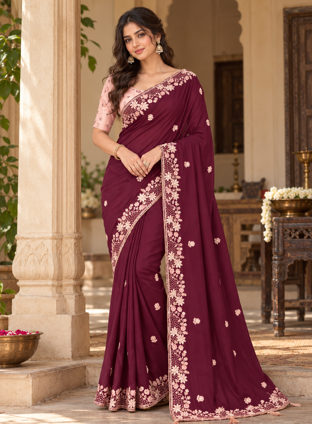 Crepe Silk Sequins Work Saree With Unstitched Blouse(Maroon)