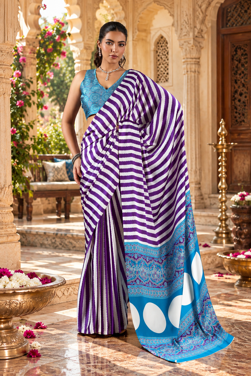 Satin Silk Ajrakh Printed Saree With Unstitched Blouse(Purple)