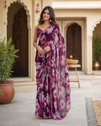 Georgette Floral Printed Saree With Unstitched Blouse(Wine)