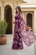 Georgette Floral Printed Saree With Unstitched Blouse(Wine)