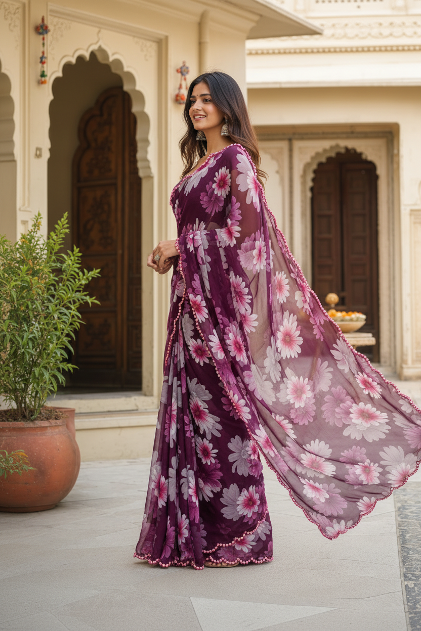 Georgette Floral Printed Saree With Unstitched Blouse(Wine)