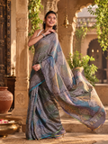 Chinon Silk Bandhani Print Saree With Unstitched Blouse(Blue)