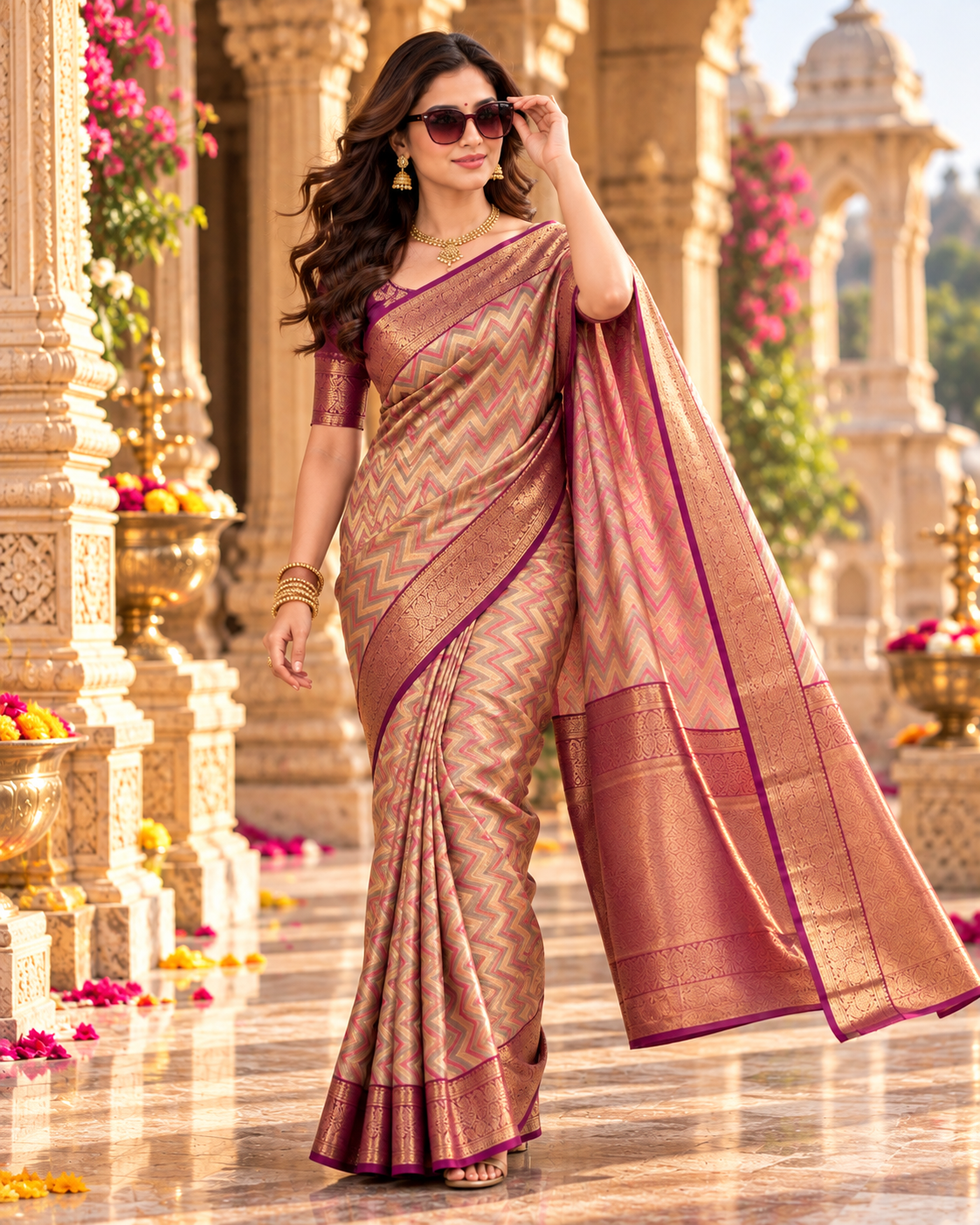 Pure Kanjivaram Silk Saree With Unstitched Blouse(Purple)