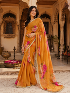 Georgette Floral Printed Saree With Unstitched Blouse(Yellow)