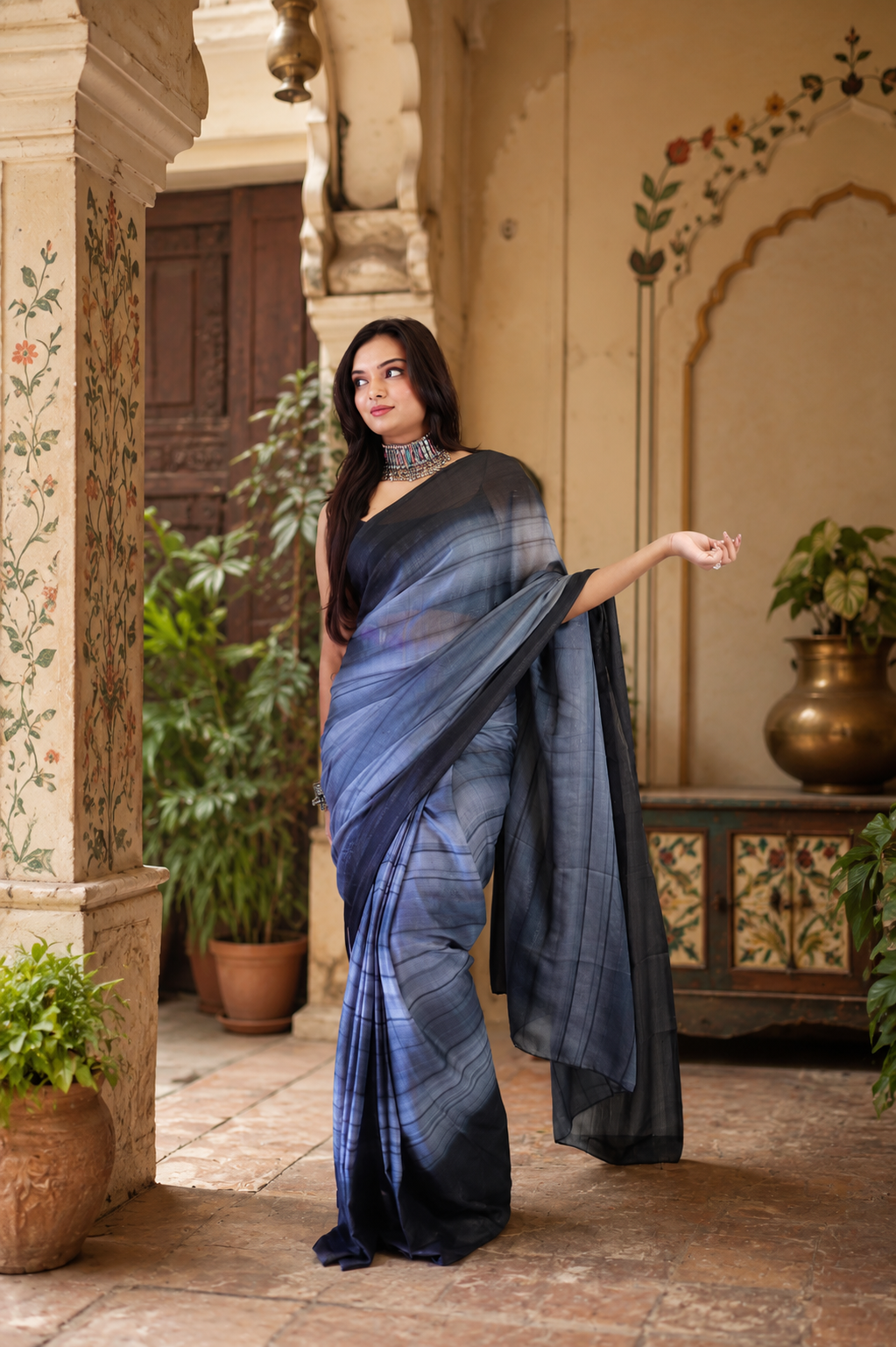 Georgette Ready To Wear Saree With Unstitched Blouse(Grey)