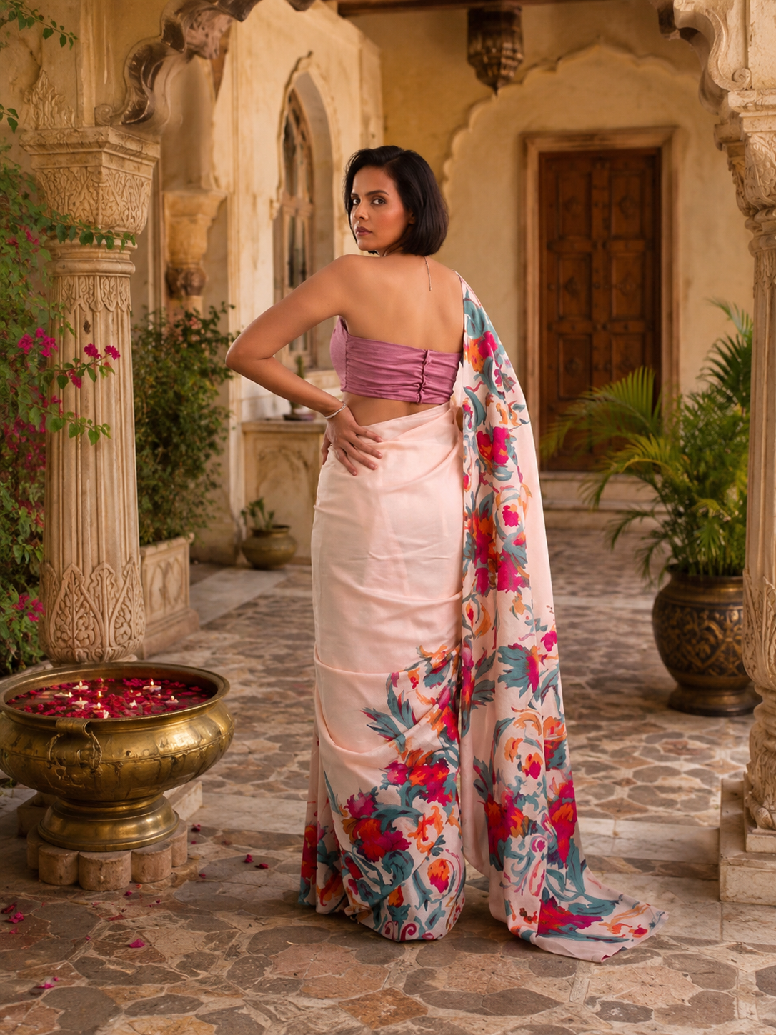 Satin Silk Printed Saree With Unstitched Blouse(Cream)