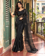Soft Space Silk Thread Work Saree With Unstitched Blouse(Black)