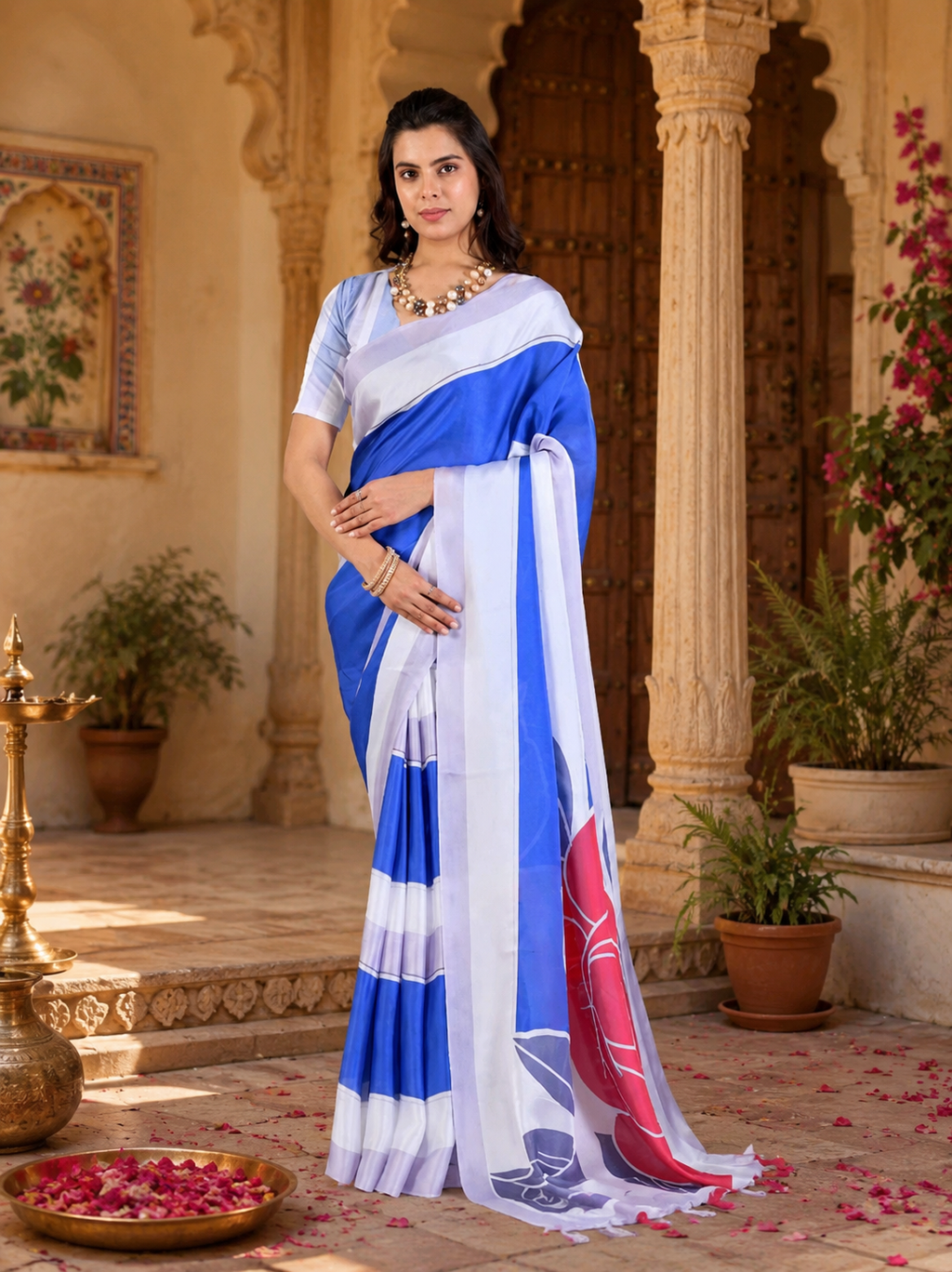 Georgette Satin Digital Printed saree With Unstitched Blouse(Blue)