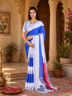 Georgette Satin Digital Printed saree With Unstitched Blouse(Blue)