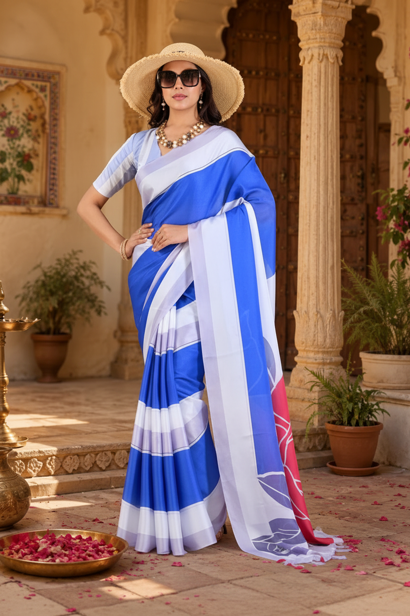 Georgette Satin Digital Printed saree With Unstitched Blouse(Blue)