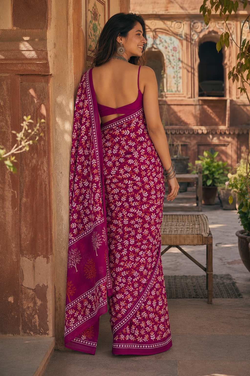Pure Mulmul Cotton Printed Saree With Unstitched Blouse(Rani)