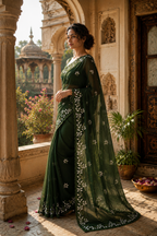 Georgette Embroidery Work Floral Print Saree With Unstitched Blouse(Green)
