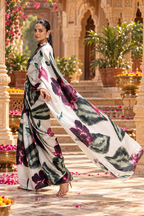 Premium Satin Silk Digital Print Saree With Unstitched Blouse(White)