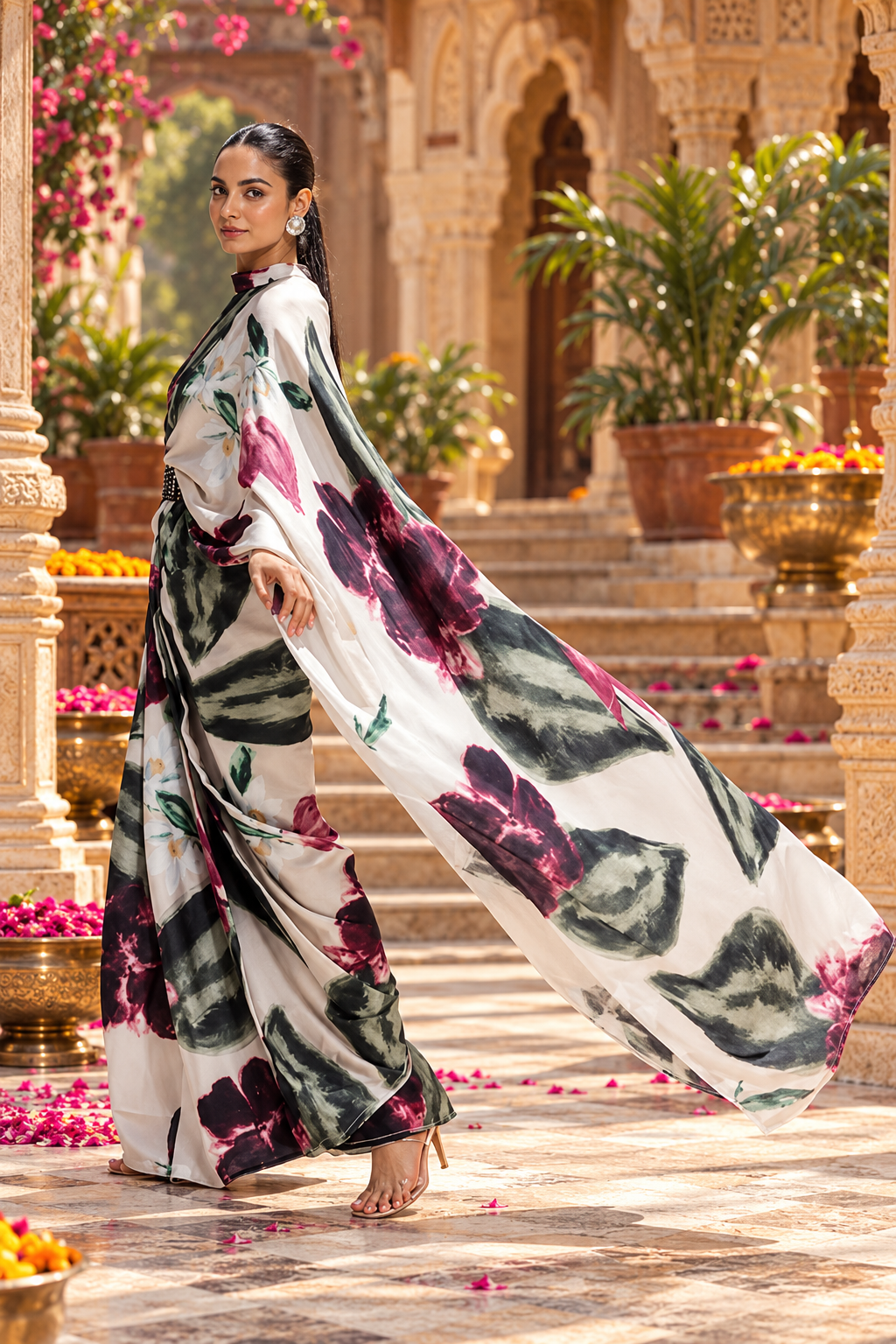 Premium Satin Silk Digital Print Saree With Unstitched Blouse(White)