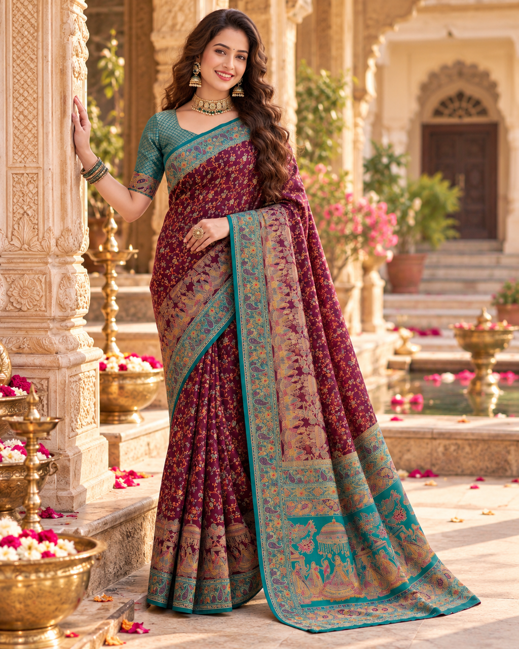 Gajji Silk Ajrakh Printed Saree With Unstitched Blouse(Wine)