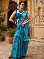 Satin Silk Designer Saree With Unstitched Blouse(Blue)