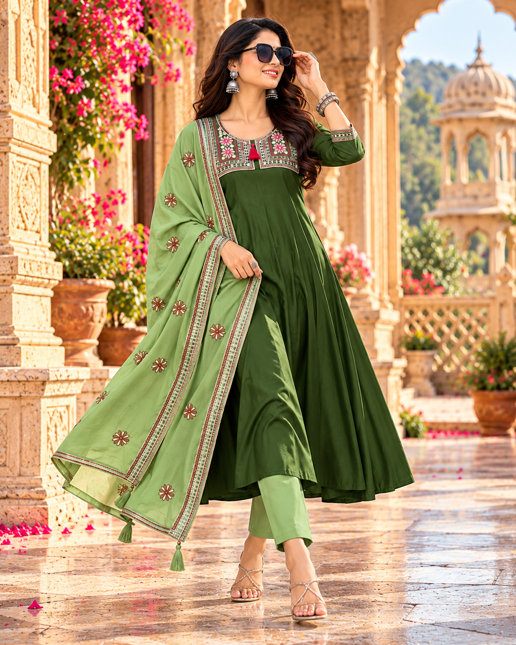 Roman Silk Embroidery Work Anarkali Kurti Pant Set With Dupatta(Green)