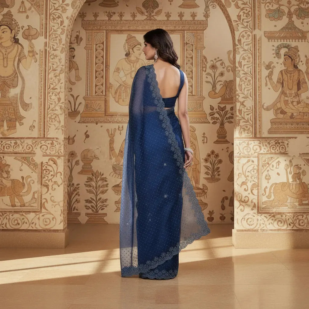 Women's Jimmy choo Embellished Bollywood Saree With Unstitched Blouse 5.5Mtr (Blue) Kashvii