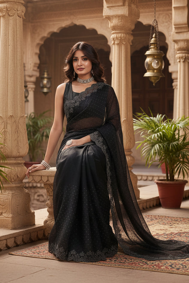 Women's jimmy choo embellished bollywood saree with unstitched blouse 5