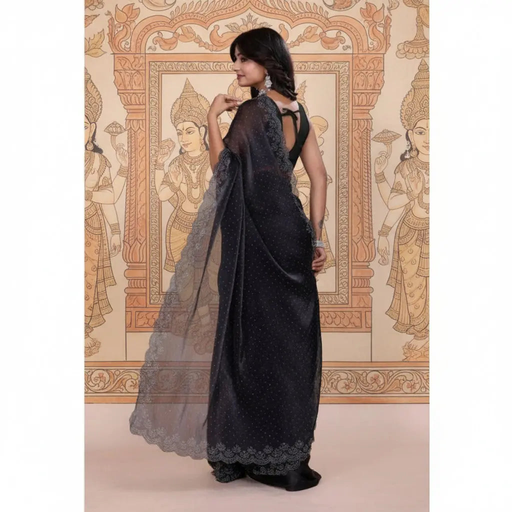Women's Jimmy choo Embellished Bollywood Saree With Unstitched Blouse 5.5Mtr (Black) Kashvii