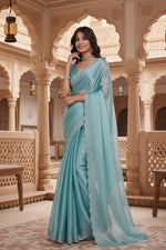 Load image into Gallery viewer, Women's Jimmy choo Embellished Bollywood Saree With Unstitched Blouse 5.5Mtr (Light Blue) Kashvii
